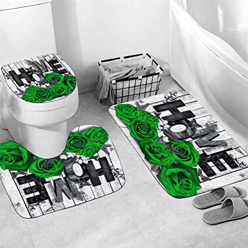 4Pcs Green Home Rose Shower Curtain Sets Bathroom Set Decor with Non-Slip Rugs Bath U-Shaped Mat Toilet Lid Cover Modern Waterproof Bathroom Shower Curtain Sets with 12 Hooks, 70.8×70.8