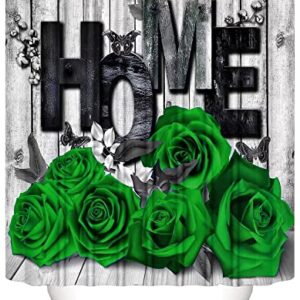 4Pcs Green Home Rose Shower Curtain Sets Bathroom Set Decor with Non-Slip Rugs Bath U-Shaped Mat Toilet Lid Cover Modern Waterproof Bathroom Shower Curtain Sets with 12 Hooks, 70.8×70.8