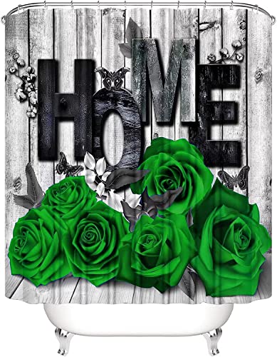 4Pcs Green Home Rose Shower Curtain Sets Bathroom Set Decor with Non-Slip Rugs Bath U-Shaped Mat Toilet Lid Cover Modern Waterproof Bathroom Shower Curtain Sets with 12 Hooks, 70.8×70.8