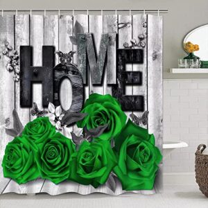 4Pcs Green Home Rose Shower Curtain Sets Bathroom Set Decor with Non-Slip Rugs Bath U-Shaped Mat Toilet Lid Cover Modern Waterproof Bathroom Shower Curtain Sets with 12 Hooks, 70.8×70.8