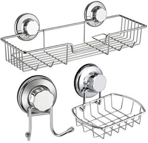 ipegtop shower caddy basket shelf & soap dish holder & bath hook for bathroom shampoo conditioner kitchen storage organizer rustproof stainless steel, no drilling suction cup - 3 pack