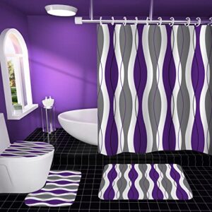 izayoi 4 pcs geometric shower curtain sets non-slip rugs bath mat, toilet cover, u-shaped mat, abstract modern shower curtain with 12 hooks, purplre bathroom set