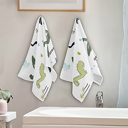 Cute Dinosaur Hand Towel Set of 2, Forest Cartoon Dino Tree Face Towels Jurassic Park Washcloth for Bathroom Kitchen, Kid's Back-to-School Columbus Day Gift