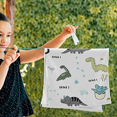 Cute Dinosaur Hand Towel Set of 2, Forest Cartoon Dino Tree Face Towels Jurassic Park Washcloth for Bathroom Kitchen, Kid's Back-to-School Columbus Day Gift