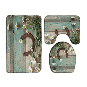 amhnf 3 piece rustic barn door bath mat sets rusty horseshoe white daisy flower vintage farmhouse wooden board plank retro bathroom doormat rugs, toilet seat cover, u-shaped and floor mat