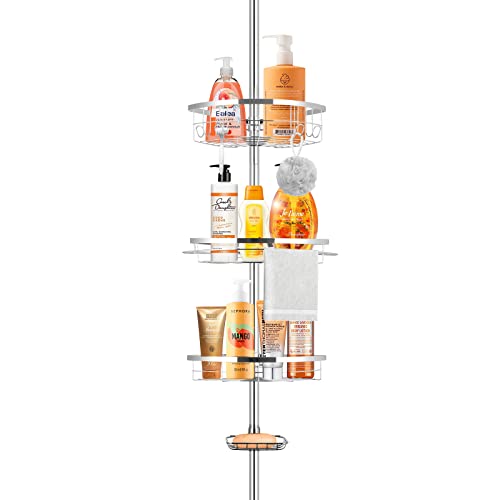 GOODBUY Corner Shower Caddy Tension Pole, Stainless Steel Bathroom Shower Organizer, Shower Rack Shower Shelf Corner with 4 Tier Adjustable Baskets, 4.9ft to 9.2ft, Silver