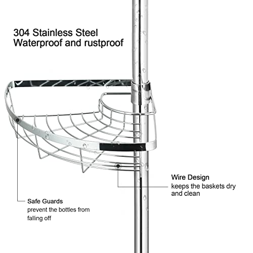 GOODBUY Corner Shower Caddy Tension Pole, Stainless Steel Bathroom Shower Organizer, Shower Rack Shower Shelf Corner with 4 Tier Adjustable Baskets, 4.9ft to 9.2ft, Silver