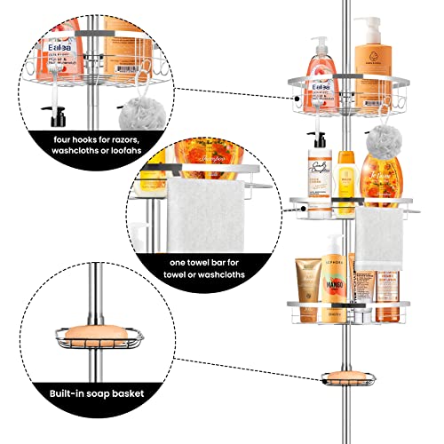 GOODBUY Corner Shower Caddy Tension Pole, Stainless Steel Bathroom Shower Organizer, Shower Rack Shower Shelf Corner with 4 Tier Adjustable Baskets, 4.9ft to 9.2ft, Silver