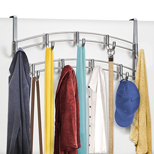 Lynk® Over Door Hook Rack - Scarf, Belt, Hat, Jewelry, Purse, Bra Hanger - 9 Hook Organizer Rack - Platinum