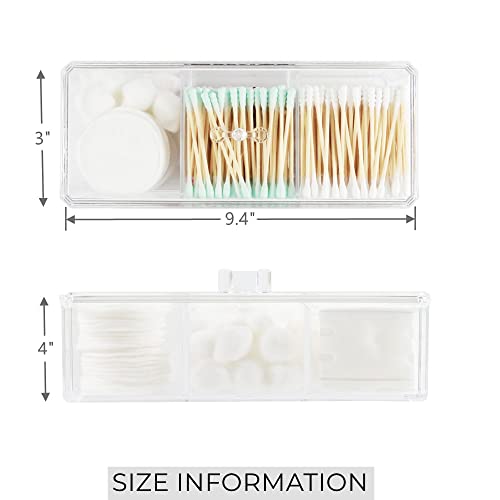 Clear Cotton Ball and Swab Holder 3 Divided Compartments with Lid, Transparent Acrylic Dresser Organizer, Waterproof Bathroom Organizers Small Plastic Storage Containers, Vanity Makeup Organization