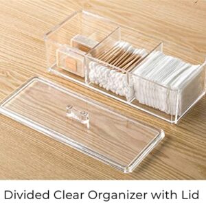 Clear Cotton Ball and Swab Holder 3 Divided Compartments with Lid, Transparent Acrylic Dresser Organizer, Waterproof Bathroom Organizers Small Plastic Storage Containers, Vanity Makeup Organization