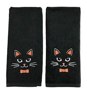 decorative halloween hand towels: black plush velour cotton embroidered design, set of 2 (cat)
