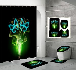 nc 4pcs butterfly shower curtain sets with non-slip rugs,toilet lid cover and bath mats bathroom accessories sets complete green bathroom sets with 12 hooks,waterproof shower curtain for bathroom