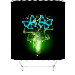 NC 4Pcs Butterfly Shower Curtain Sets with Non-Slip Rugs,Toilet Lid Cover and Bath Mats Bathroom Accessories Sets Complete Green Bathroom Sets with 12 Hooks,Waterproof Shower Curtain for Bathroom