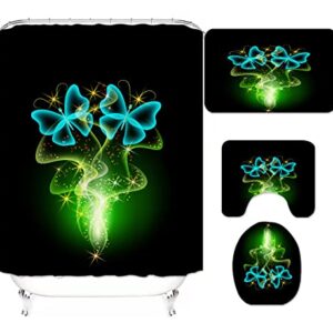 NC 4Pcs Butterfly Shower Curtain Sets with Non-Slip Rugs,Toilet Lid Cover and Bath Mats Bathroom Accessories Sets Complete Green Bathroom Sets with 12 Hooks,Waterproof Shower Curtain for Bathroom