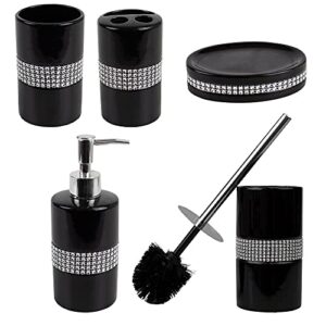 home basics sequin accented ceramic luxury bath accessory set and hideaway toilet brush holder with steel handle, black