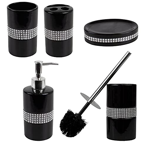 Home Basics Sequin Accented Ceramic Luxury Bath Accessory Set and Hideaway Toilet Brush Holder with Steel Handle, Black