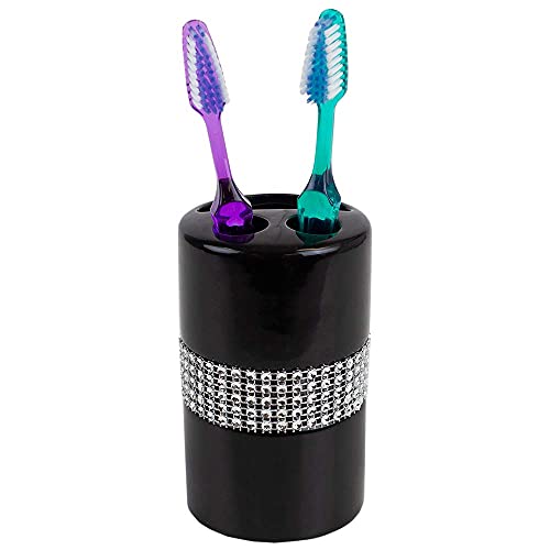 Home Basics Sequin Accented Ceramic Luxury Bath Accessory Set and Hideaway Toilet Brush Holder with Steel Handle, Black