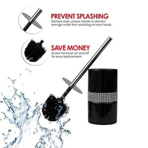 Home Basics Sequin Accented Ceramic Luxury Bath Accessory Set and Hideaway Toilet Brush Holder with Steel Handle, Black