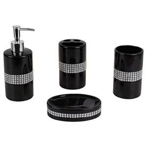 Home Basics Sequin Accented Ceramic Luxury Bath Accessory Set and Hideaway Toilet Brush Holder with Steel Handle, Black