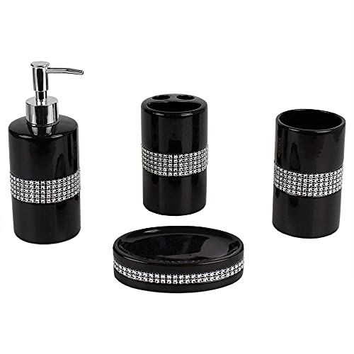 Home Basics Sequin Accented Ceramic Luxury Bath Accessory Set and Hideaway Toilet Brush Holder with Steel Handle, Black