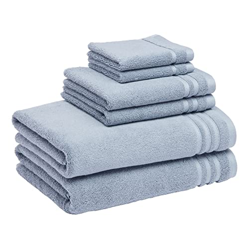 Amazon Basics Cotton Bath Towel Set, Made with 30% Recycled Cotton Content - 6-Piece, Blue