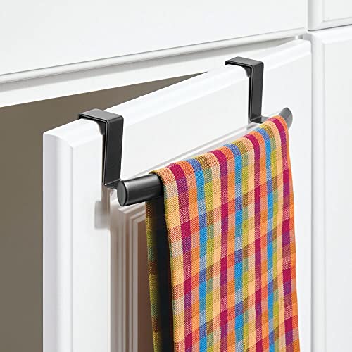 mDesign Steel Over Door Curved Towel Bar Storage, Hanger for Cabinet or Cupboard, Holder Rack for Kitchen, Bathroom - Holds Hand/Dish Towels, Washcloths - Spira Collection - Black