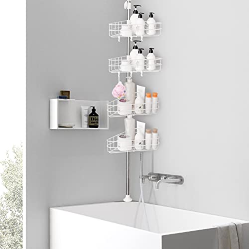 BAOYOUNI 4 Tier Shower Caddy Tension Pole Corner Bathroom Organizer Shelf Shampoo Holder Basket Bathtub Storage Rack Floor to Ceiling Adjustable Stand Space Saver - No Drilling - White