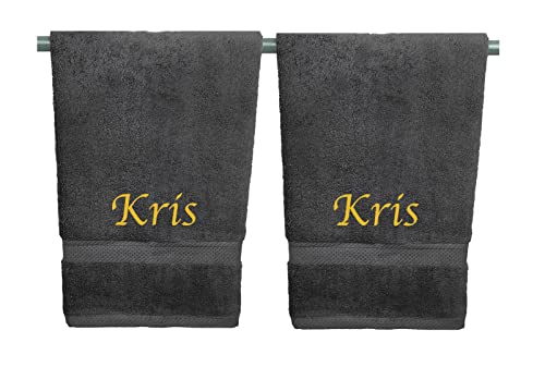 Liberty21 Monogrammed Personalized Name Hand Towels. Custom Embroidered Towels. Set of Two. (Grey)