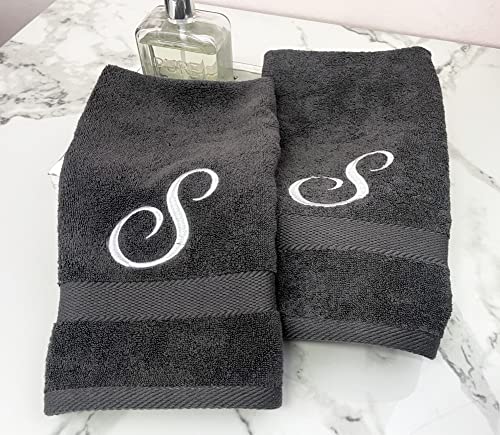 Liberty21 Monogrammed Personalized Name Hand Towels. Custom Embroidered Towels. Set of Two. (Grey)