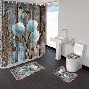 4 piece fun butterfly vintage wooden floral tulip flower shower curtains sets with non-slip rugs, toilet lid cover and bath mat, bathroom sets with shower curtain and rugs and accessories