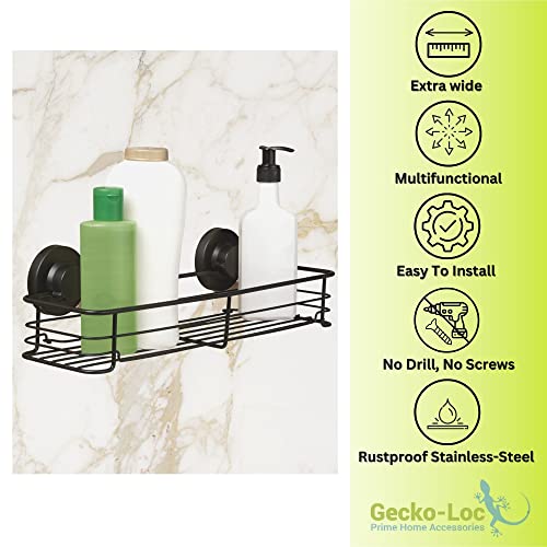 Gecko-Loc 🦎 Large Wide Suction Cup Lock Wall Mount Bathroom Shower Caddy - Wire Storage Basket Rack Organizer - Shampoo Bottle Holder (Black)