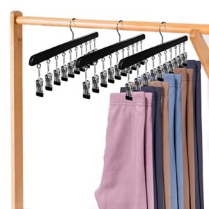 3 pack legging organizer for closet, wooden leggings hangers organizer with 30 metal clips, hangers space saving closet organizer and storage with 360° swivel hook for leggings, pants, skirts, ties
