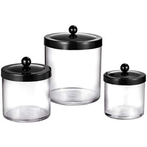Premium Quality Apothecary Jars - Clear Plastic Storage Jars with Rust Proof Stainless Steel Lids - Bathroom Vanity Countertop Storage Organizer Canister Holder House Decor | Set of 3 (Black)