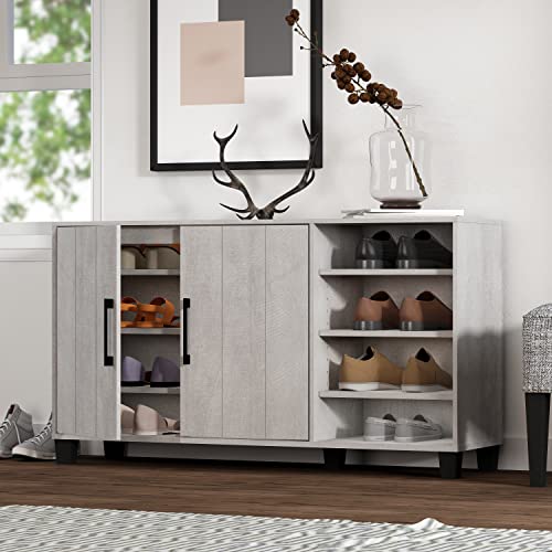 Galano 16 Pair Lucca 2 Door Shoe Storage Cabinet with Open Shelf and Doors – Shoe Rack - Shoe Storage Entryway – Shoe Organizer for Home and Office - Dusty Grey Oak
