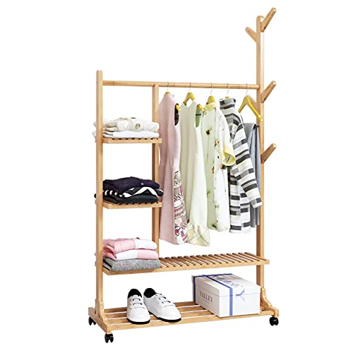 YXDFG Clothing Rack Bamboo Garment Rack,Rolling Clothes Rack,Multifunctional Bedroom Hanging Rack, 4 Layers Wardrobe Storage Shelves with Wheels 6 Hooks