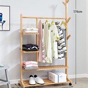 YXDFG Clothing Rack Bamboo Garment Rack,Rolling Clothes Rack,Multifunctional Bedroom Hanging Rack, 4 Layers Wardrobe Storage Shelves with Wheels 6 Hooks