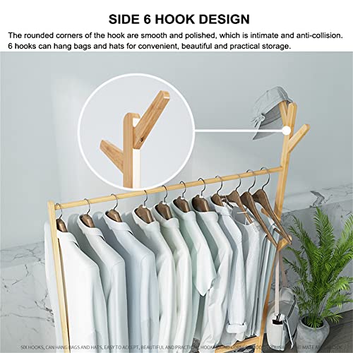 YXDFG Clothing Rack Bamboo Garment Rack,Rolling Clothes Rack,Multifunctional Bedroom Hanging Rack, 4 Layers Wardrobe Storage Shelves with Wheels 6 Hooks