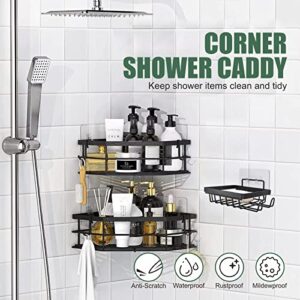 AIFEIVICO Corner Shower Caddy, 3-Pack Adhesive Shower Shelves with Soap Holder, Large Rustproof Carbon Steel Bathroom Shower Organizer with 4 Hooks, No Drilling Wall Mounted Shower Rack (Black)