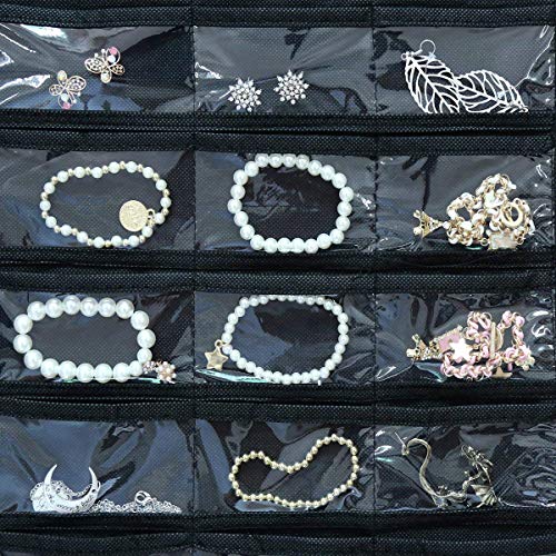 TabEnter Double-Sided Jewelry Hanging Organizer Display Hanger Small Tools Holder with 80 Clear Pockets (Black)