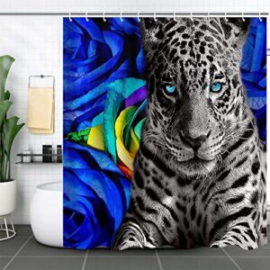 Blue Roses and Leopard Shower Curtains Bathroom Sets with Rugs and Accessories Bellcon 4pcs Animals Bathroom Sets with Toilet Seat Cover and Nonslip Bath Mat for Men and Women