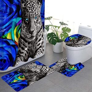 Blue Roses and Leopard Shower Curtains Bathroom Sets with Rugs and Accessories Bellcon 4pcs Animals Bathroom Sets with Toilet Seat Cover and Nonslip Bath Mat for Men and Women