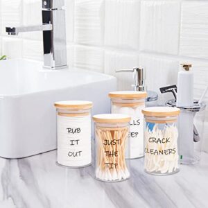 Glass Qtip Holder Bathroom Set- 4 Pack 10 oz Damp-proof Apothecary Jars Canisters with Bamboo Lids Clear Farmhouse Qtip Holder Dispenser for Cotton Swabs, Pads, Balls, Floss, Vanity Makeup Organizer