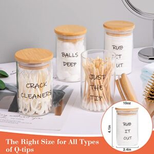 Glass Qtip Holder Bathroom Set- 4 Pack 10 oz Damp-proof Apothecary Jars Canisters with Bamboo Lids Clear Farmhouse Qtip Holder Dispenser for Cotton Swabs, Pads, Balls, Floss, Vanity Makeup Organizer