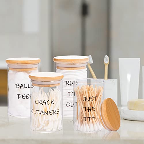 Glass Qtip Holder Bathroom Set- 4 Pack 10 oz Damp-proof Apothecary Jars Canisters with Bamboo Lids Clear Farmhouse Qtip Holder Dispenser for Cotton Swabs, Pads, Balls, Floss, Vanity Makeup Organizer