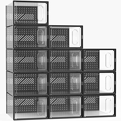 GONAT Large Shoe Organizers, Clear Shoe Boxes Stackable, Good Replacement For Shoe Rack, Under Bed, Black.