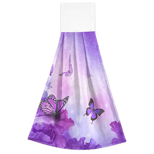 Kigai Purple Butterfly Hanging Tie Towels Set of 2, Absorbent Hand Towels Tea Bar Dish Dry Towels for Kitchen Bathroom Home Decor, 14 x18.2 inch