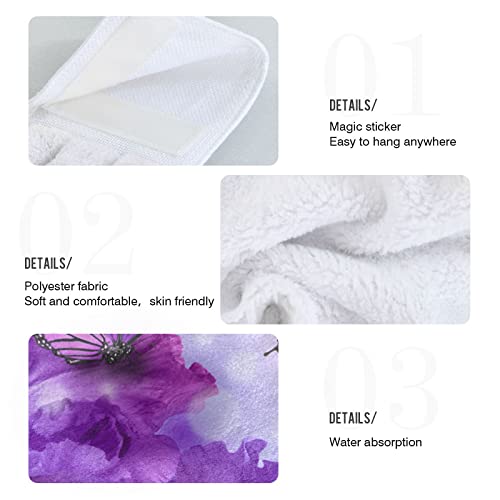 Kigai Purple Butterfly Hanging Tie Towels Set of 2, Absorbent Hand Towels Tea Bar Dish Dry Towels for Kitchen Bathroom Home Decor, 14 x18.2 inch