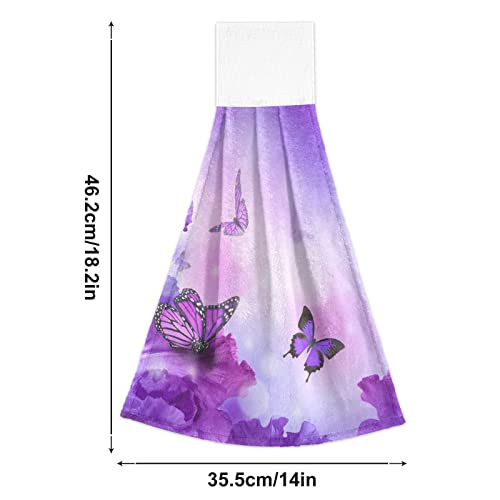 Kigai Purple Butterfly Hanging Tie Towels Set of 2, Absorbent Hand Towels Tea Bar Dish Dry Towels for Kitchen Bathroom Home Decor, 14 x18.2 inch