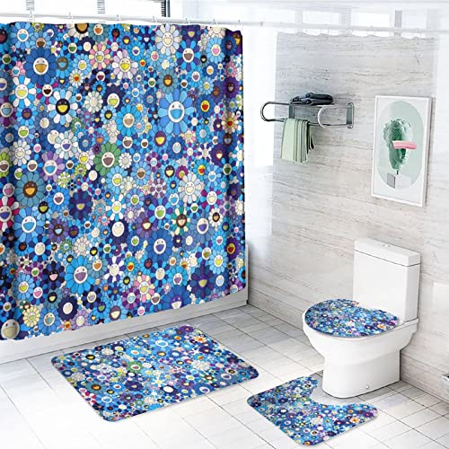 CYUASUAP 4Pcs Takashi-murakami Shower Curtain Sets, with Non-Slip Rugs, Toilet Lid Cover and Bath Mat,Durable Watertight 70x 70 in